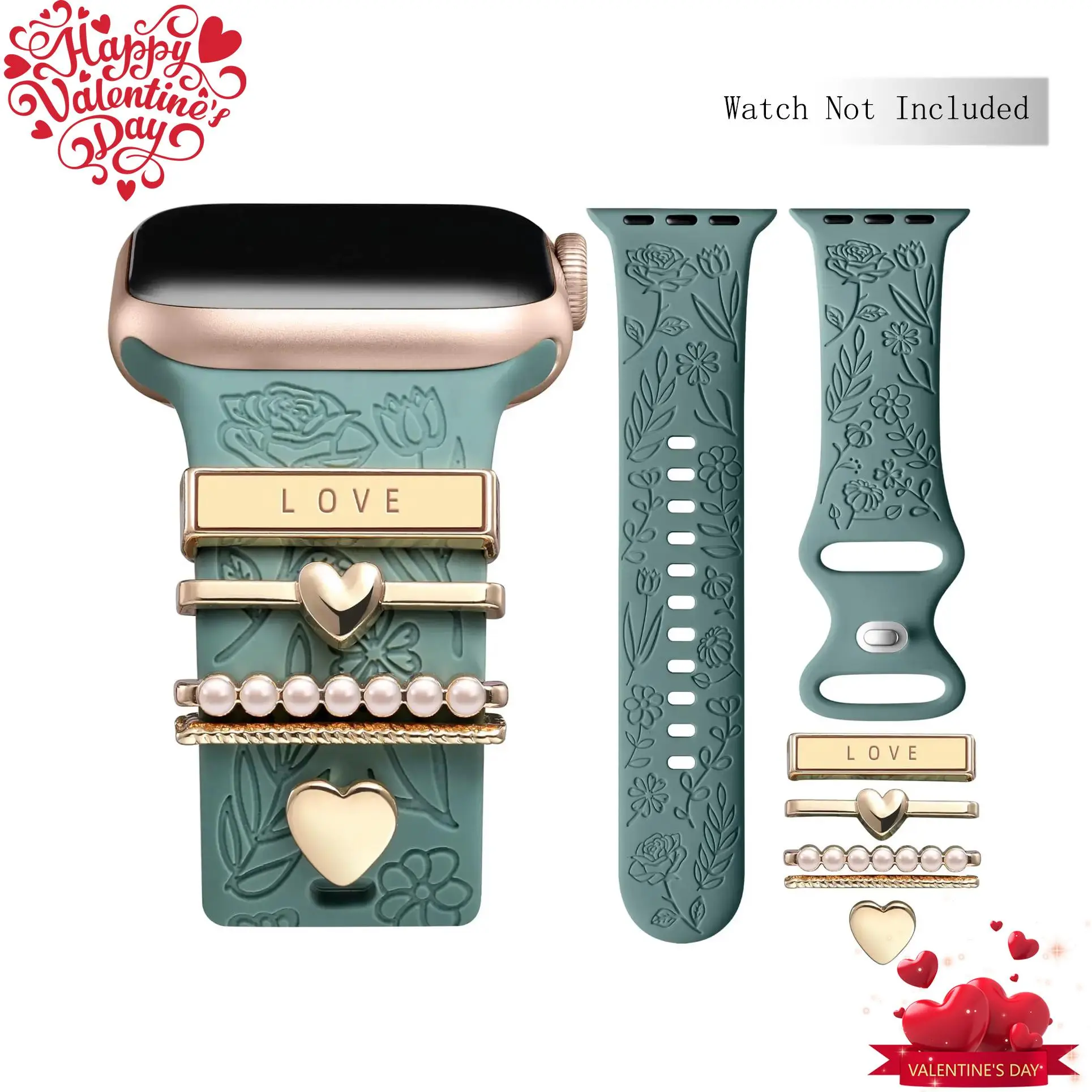 Flower Engraved Watch Band Compatible with iWatch Bands 38mm 40mm 41mm, Replacement Watch Band for Women, Soft Silicone Sport Watch Band with 5 Decorative Charms for iWatch Series 9 8 7 6 5 4 3 2 1 SE