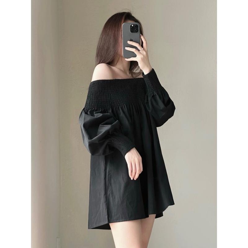 Đầm trễ vai nữ tay dài from rộng thiết kế bo chun tay vai có dãn Tre Dài Tay