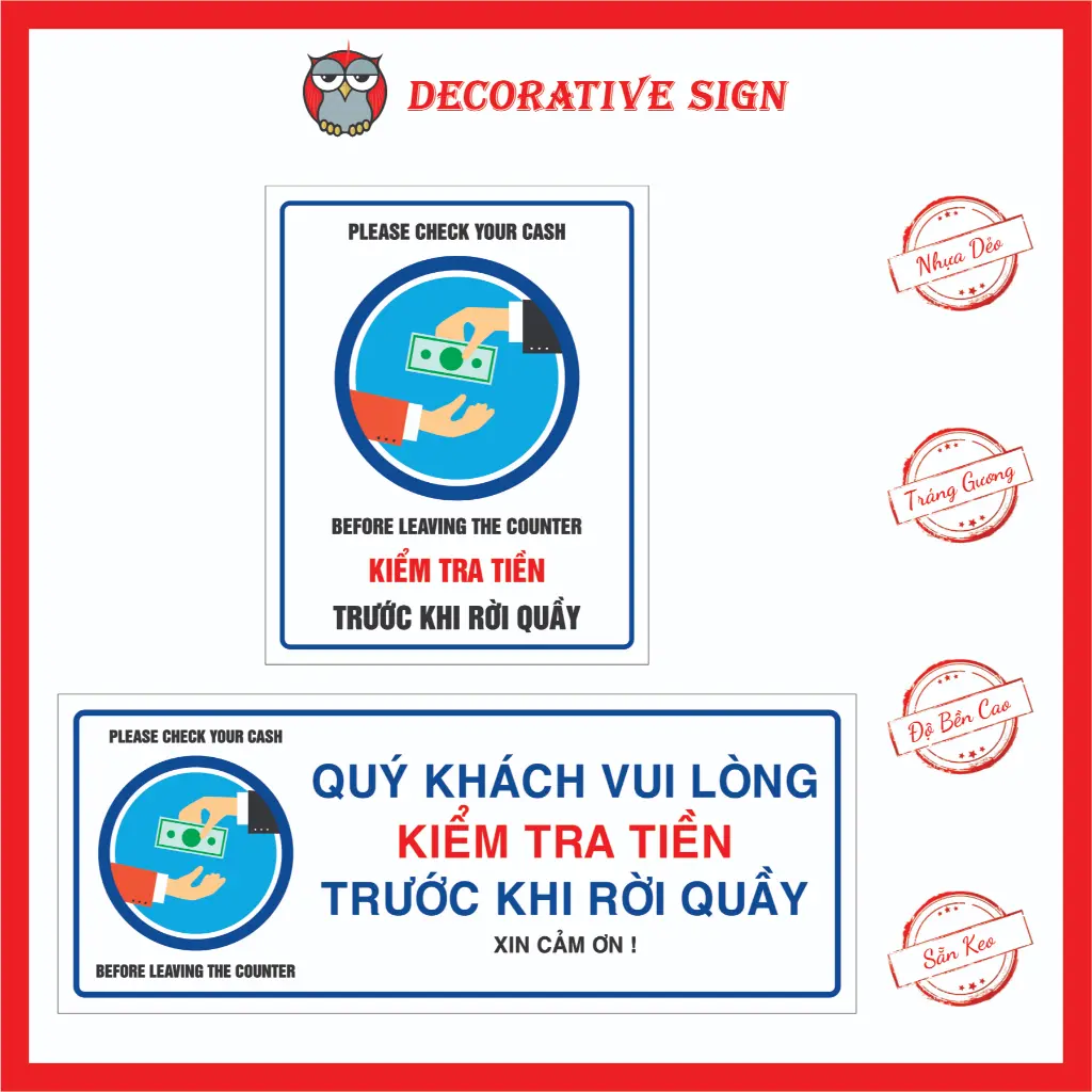 Bảng Nhắc Nhở Kiểm Tra Tiền Trước Khi Rời Quầy - Please Check Your Cash Before Leaving The Counter