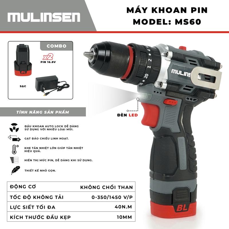 Máy khoan pin 16V MS60 Mulinsen Động cơ không chổi than 3 chức năng có búa khoan tường hàng chính hãng bộ đầy đủ