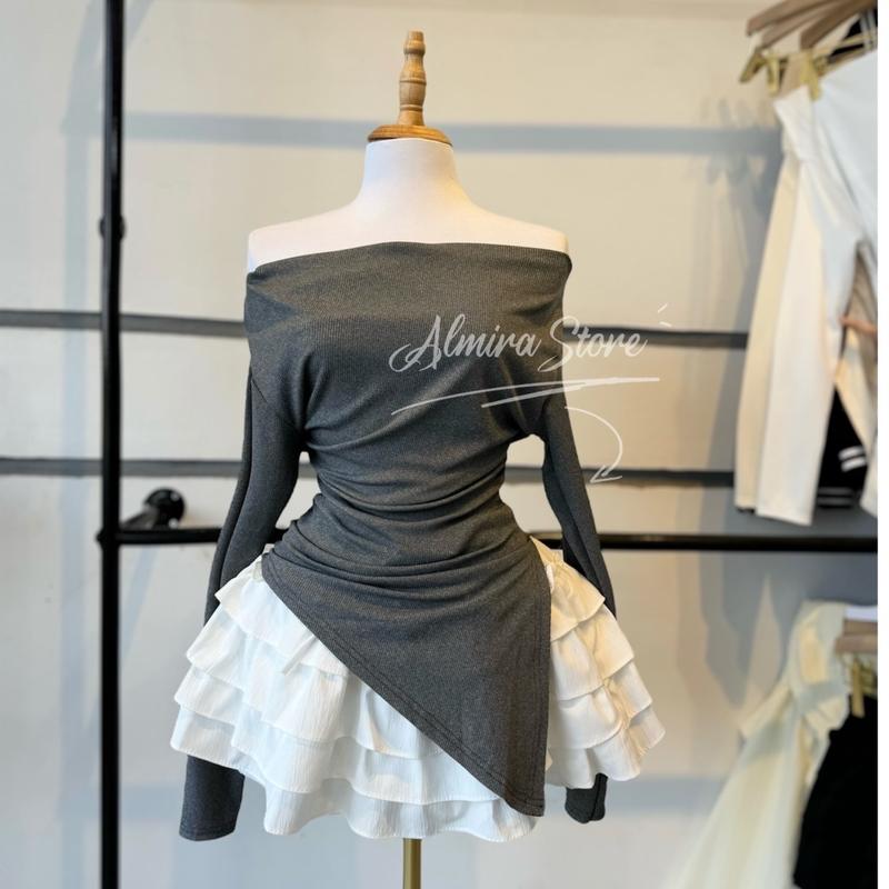 Sét Váy Mùa Thu Gồm Áo Trễ Vai Cổ Thuyền + Chân Váy Tầng Có Quần Trong