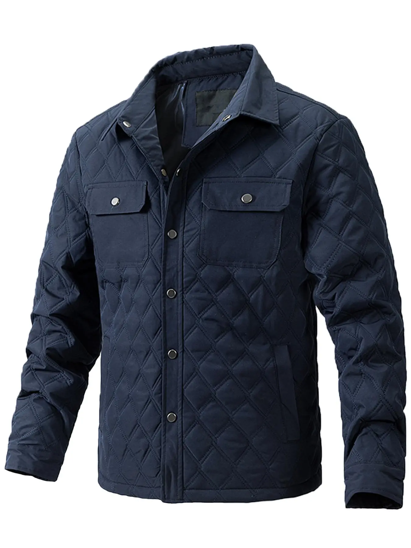 Men's Solid Button Front Pocket Quilted Jacket, Regular Fit Casual Long Sleeve Collared Outerwear for Fall & Winter, Men's Clothes for Daily Wear