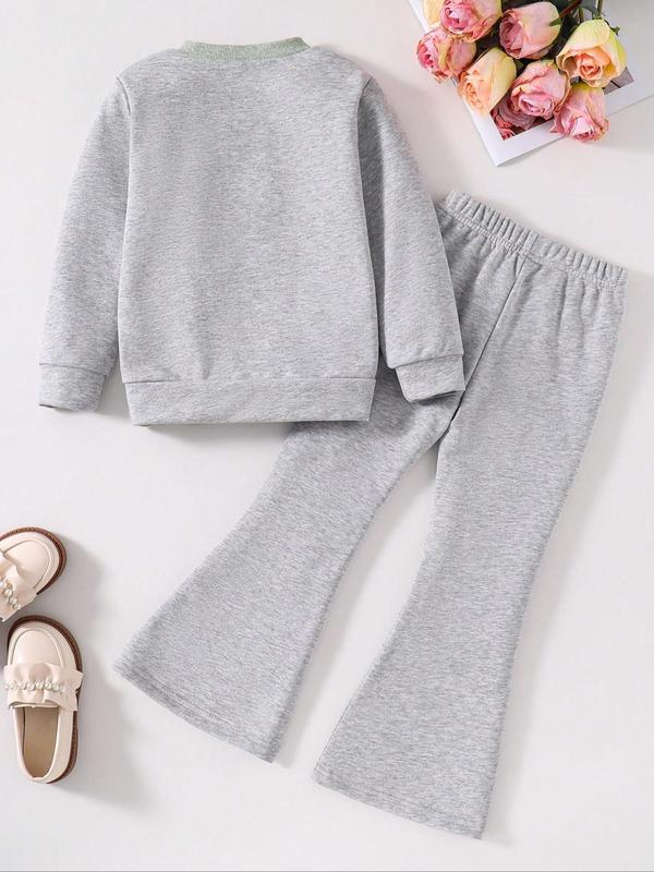 Toddler Girl's Letter Print Long Sleeve Two-piece Set, Round Neck Sweatshirt & Flare Leg Pants for Spring & Fall, Casual Kids Clothes for Daily Wear 1