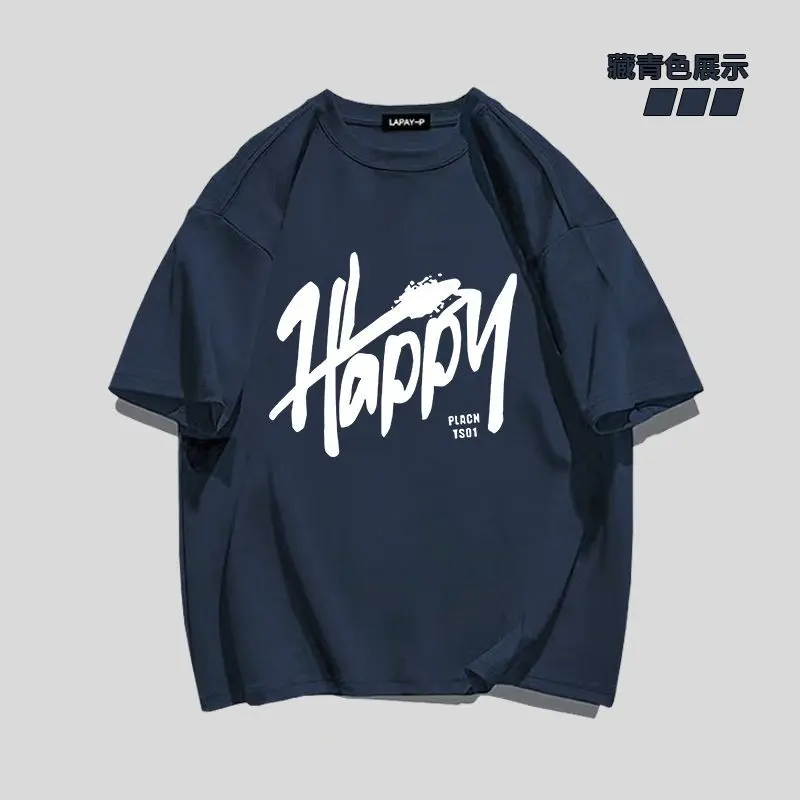 Cotton American street brand letter printed short-sleeved T-shirts for men and women's new oversized loose ins casual summer student tops outdoor sports navy blue couple clothes.