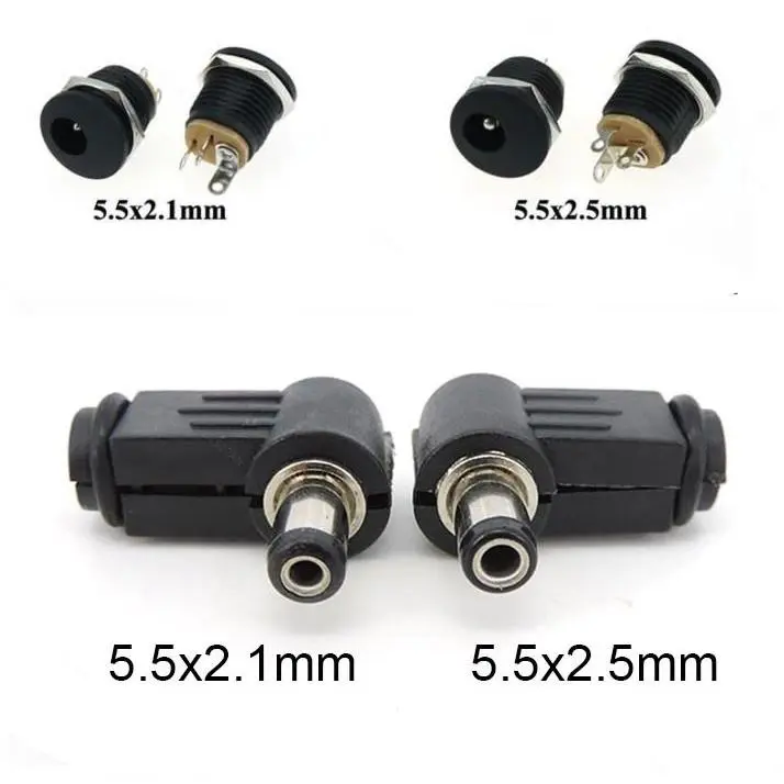 5pcs 5.5x2.1mm DC Power male Female Socket  DC Male Plug Connector Panel Mounting right angle 90degree 5.5x2.5mm  SG2A
