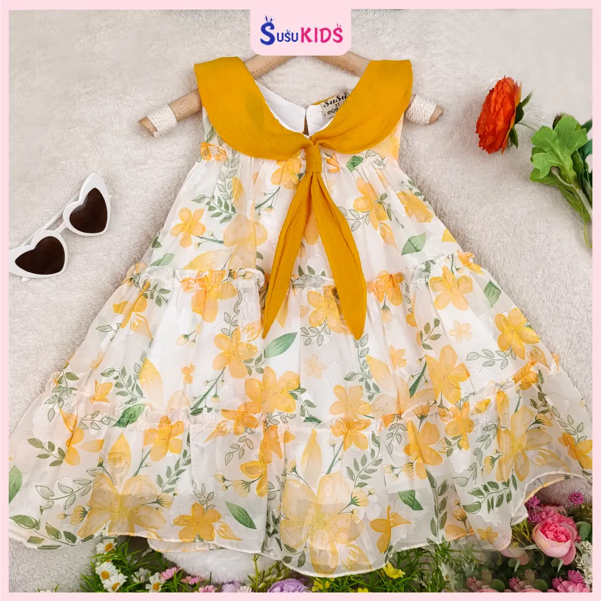 Váy hoa cổ sen bé gái SuSu Kids, tơ thêu bông form chữ A nữ tính, tiểu thư, dễ thương SU455 Cho Bé