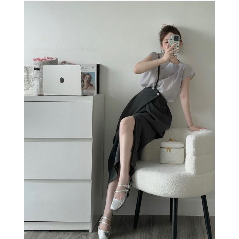 set 2 chi tiết áo tơ tay hến kèm chân váy dáng dài phong cách tiểu thư Nữ Women Kem Top 4