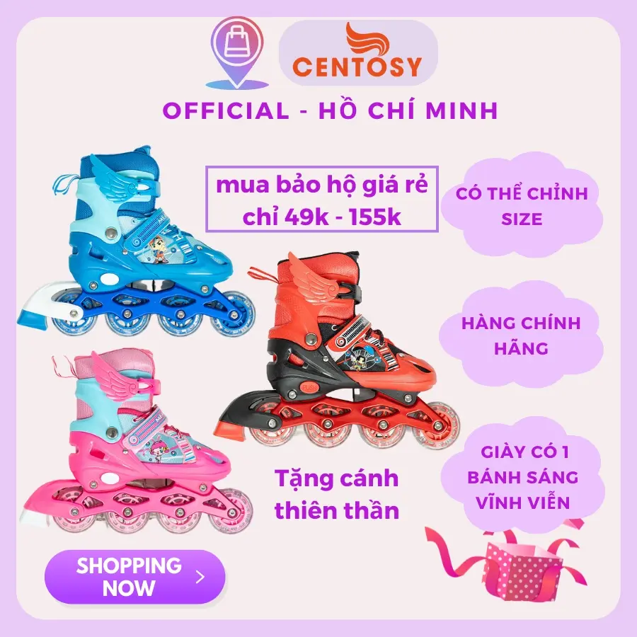 Giày Trượt Patin Centosy Measin Mua Kèm Full Bảo Hộ Cao Cấp - Bánh Phát Sáng, Batin Trẻ Em Tăng Chỉnh 3 Size Cho Bé Sport Giày Thể Thao
