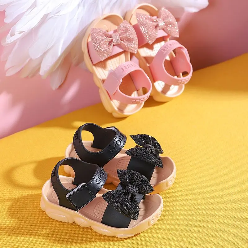 Sandal Kanak-kanak, untuk Kanak-kanak Perempuan berumur 1-3 Tahun, Rekaan Ikatan bentuk rama-rama, Ketibaan Baru Musim Panas, Tapak Tebal, Tapak Lembut, Gaya Puteri, Sandal Puteri Kecil, Tidak Licin Baby Shoes
