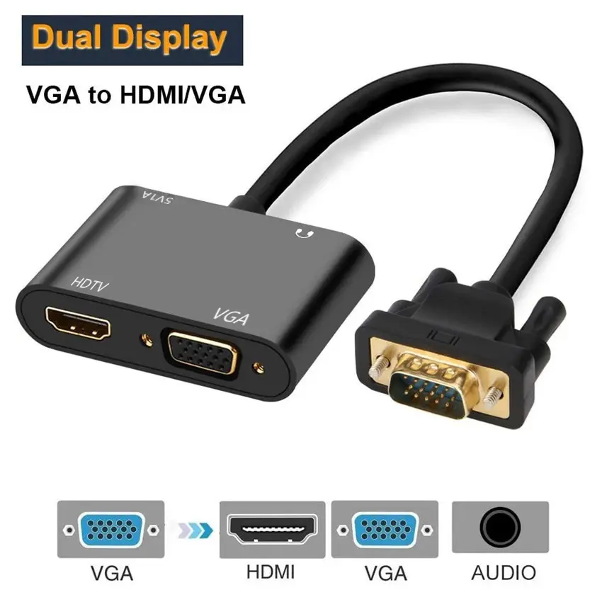 Bộ Chia VGA, Bộ Chuyển Đổi VGA Sang HDMI & VGA, Hỗ Trợ Âm Thanh 3.5Mm, Màn Hình Kép