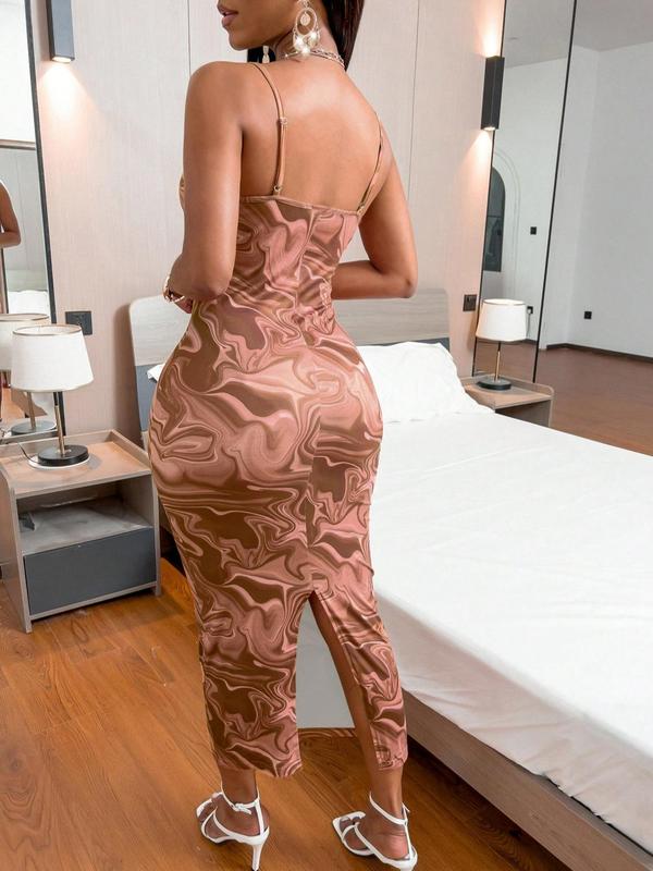 Women's Marble Print Split Thigh Cami Dress, Summer Clothes Women, Elegant Adjustable Strap Bodycon Midi Dress for Party Club, Dress for Women Valentine's Day, gift 7