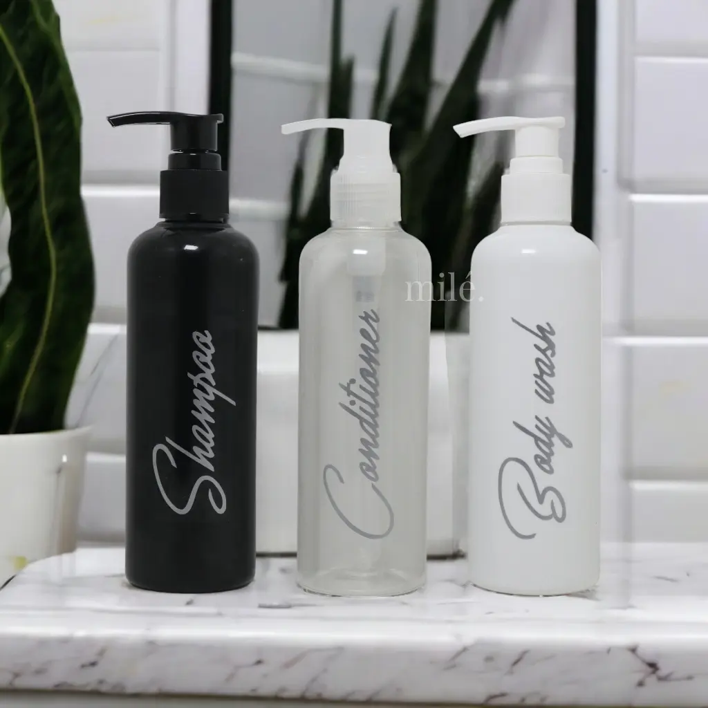 BOTOL TRAVEL 250ML PLASTIK PUMP / BOTOL PLASTIK 250ML PUMP STICKER CUTTING MINIMALIS AESTHETIC / BOTOL TEMPAT SABUN / SHAMPO/BOTOL REFILL TRAVELLING