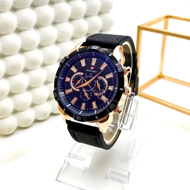 (BISA COD) Best Seller! Jam Tangan Pria SWISS DMI Kulit Leather Chrono Variasi Free Box Dus & Batrai Cadangan Tahan Air Analog Quartz Watches