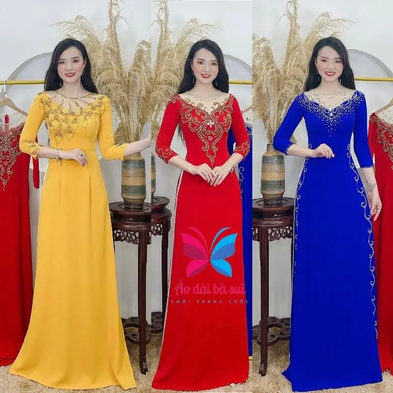 Áo dài bà sui - Áo dài cho mẹ chất liệu lua Mỹ cao cấp két đá sang trọng trẻ trung ADP1 Nữ Dress Women Voan Màu Đỏ Màu Vàng Màu Xanh