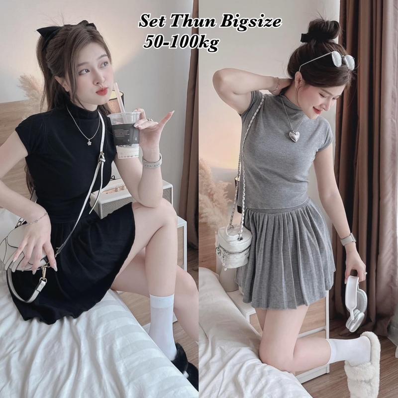 Set Bigsize Thun Tăm Thiết Kế Áo Cổ 3P Tay Hến Vạt Bầu Váy Xoè Có Lót Trong Hot Hit Thời Trang Bigsize Nữ đẹp Sang Chảnh Set Bộ Đồ Thun Tăm Tay Dài Xinh Đẹp Feesize 50-100kg Ennhocobigsize Top Đen - 2059 