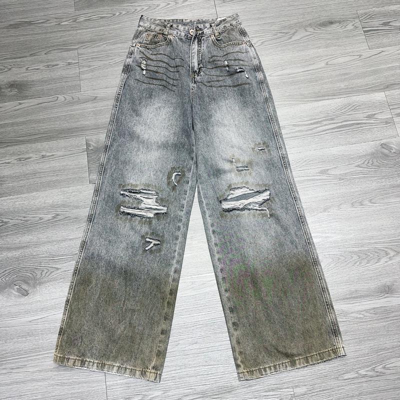 Quần Jean Suông Rách Gối Khói Pha Rêu #6899