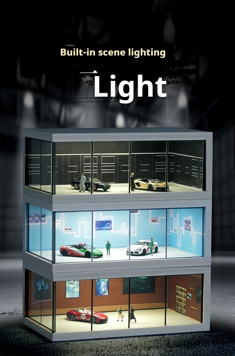 Product Introduction of Alloy die-cast car parking lot model, suitable for 1:64 scale car models, simulated garage scene, highly transparent dust-proof box, with lights, assembly model, for storing car models, for decoration and collection, a gift for boys 5