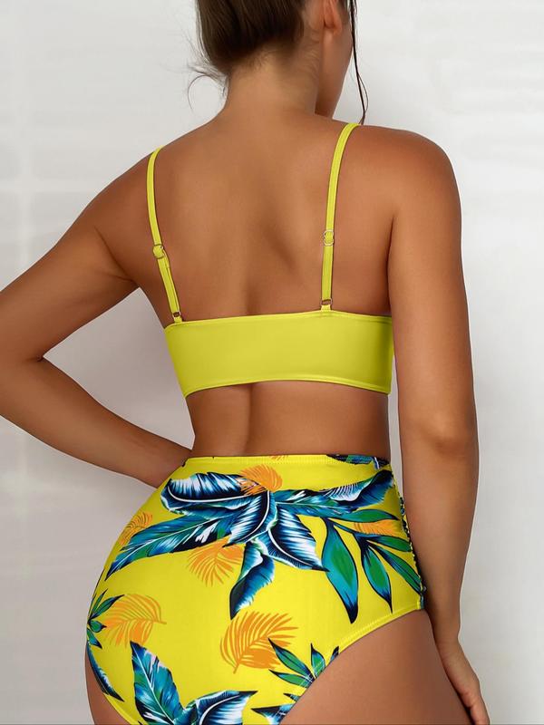 Two-piece Set Women's Plain Top & Tropical Print Bottom Bikinis Set, Twist Push Up Swim Top & High Waist Ruched Swim Bottom, Summer Outfits 2024, Swimwear for Beach Holiday Curvy Holiday Outfits 2024, Girly Tops, Bikini Sets,  Co-ord Sets for Women 1