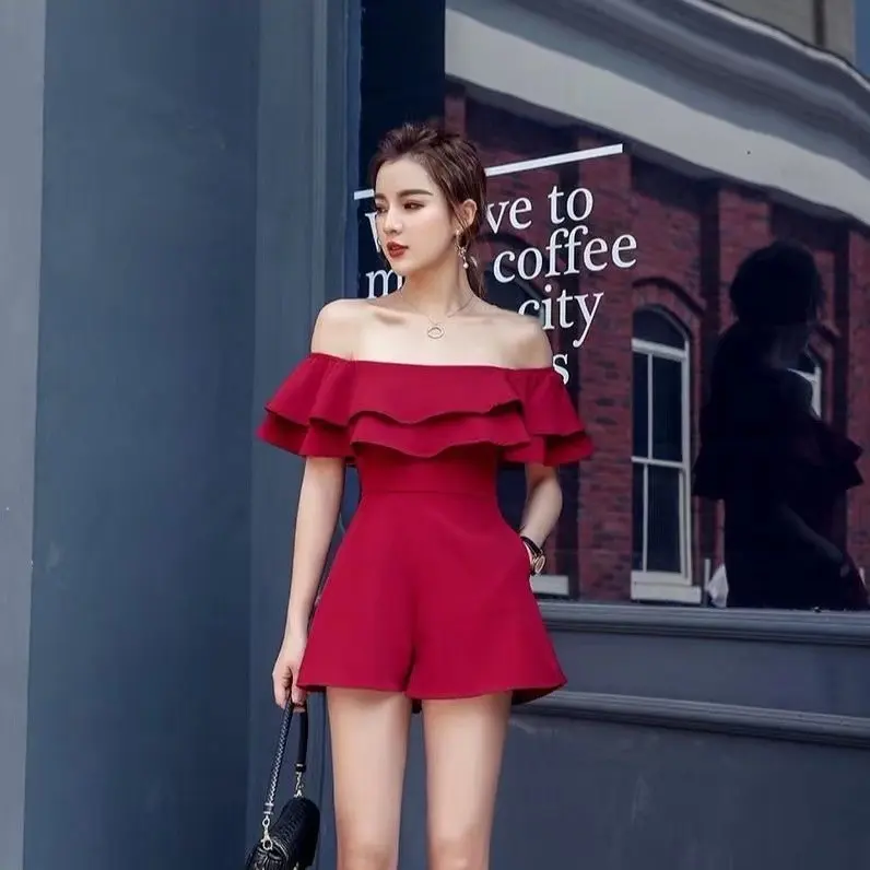 Áo Ống Nhỏ Trễ Vai Hàng Châu Âu Mới Mùa Hè, Quần Đùi Một Mảnh Cho Nữ, Thiết Kế Eo Xếp Nhún Và Ống Rộng, Áo Jumpsuit Quần Nhung Women