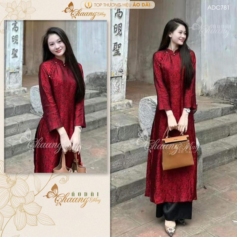 Áo dài truyền thống cổ phục Việt cách tân nữ Chaang may sẵn ADC781 áo dài dáng suông có chít eo dự tiệc cưới lễ Tết đẹp Women Dress Ong truyền thống mà hiện đại đỏ đậm đóng nút