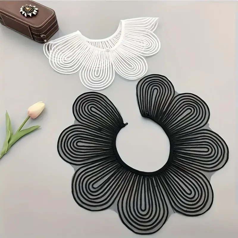 Multifunctional Removable Wave Embroidery Collar Scarf - Black & White Polyester Woven Collar For Dresses And Shirts, Women's Fashion Accessories 5