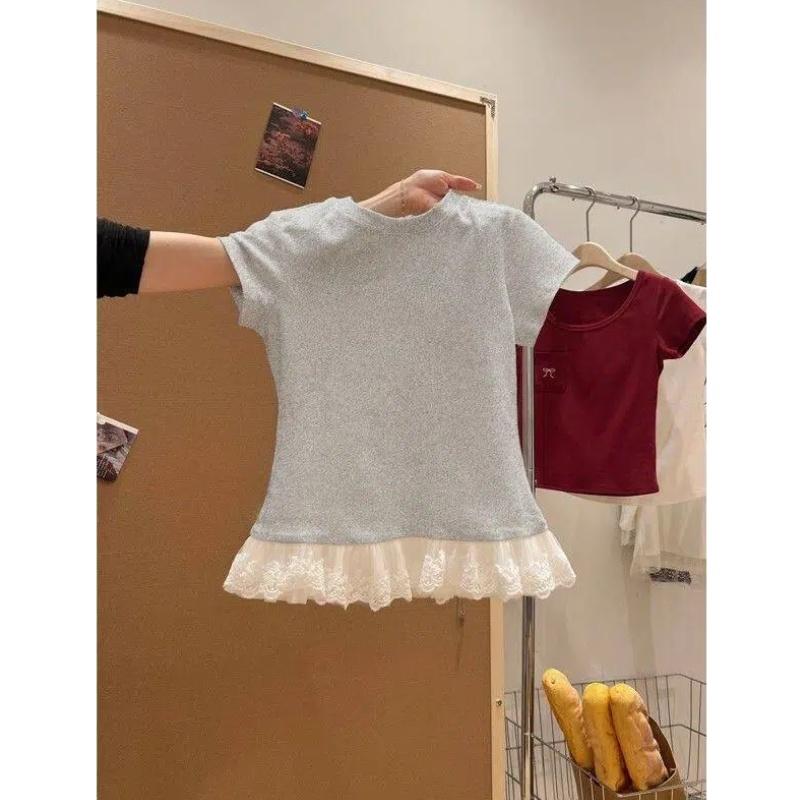 kaos polos slim lengan pendek renda atasan wanita kekinian soft cotton musim panas korean style