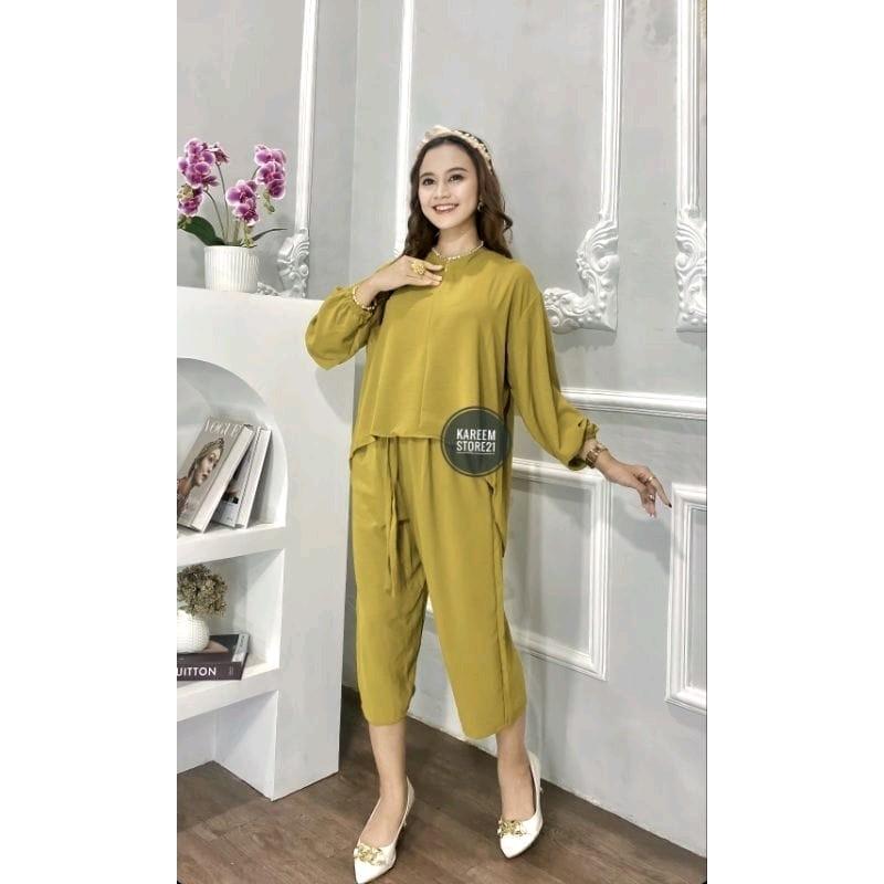 One set Luna crincle airflow Setelan Wanita Atasan Baju Celana Nyaman  Panjang Balon Crinkle Kerah Remaja 2