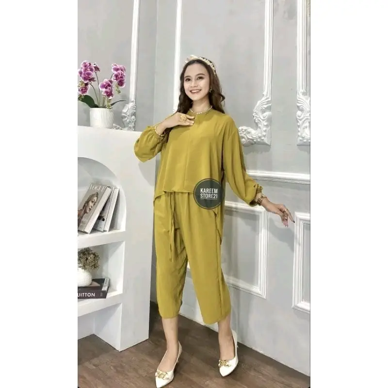 One set Luna crincle airflow Setelan Wanita Atasan Baju Celana Nyaman  Panjang Balon Crinkle Kerah Remaja 1
