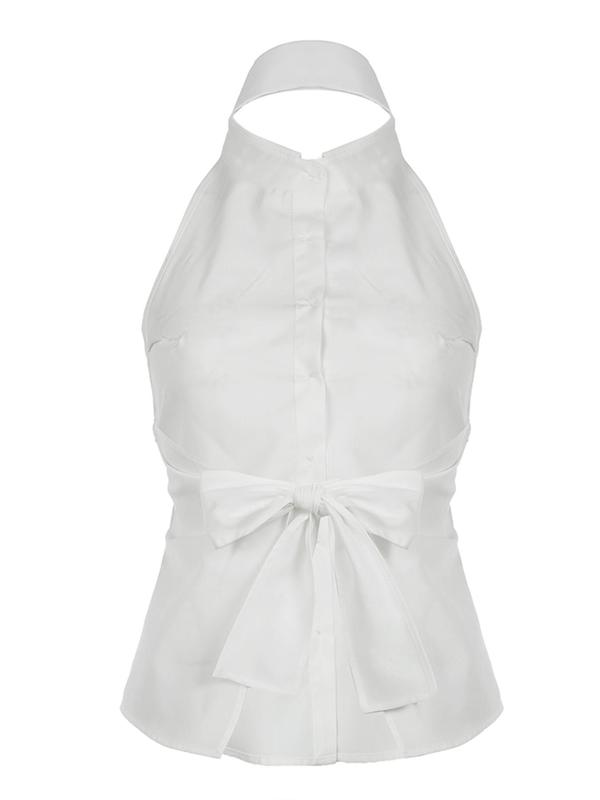 Women's Plain Tie Backless Button Front Halter Top, Sexy Fashion Sleeveless Collared Top, Ladies Casual Summer Clothes, Buttoned Top 1