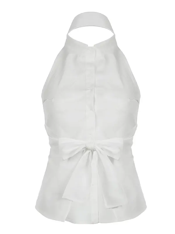 Women's Plain Tie Backless Button Front Halter Top, Sexy Fashion Sleeveless Collared Top, Ladies Casual Summer Clothes, Buttoned Top 1