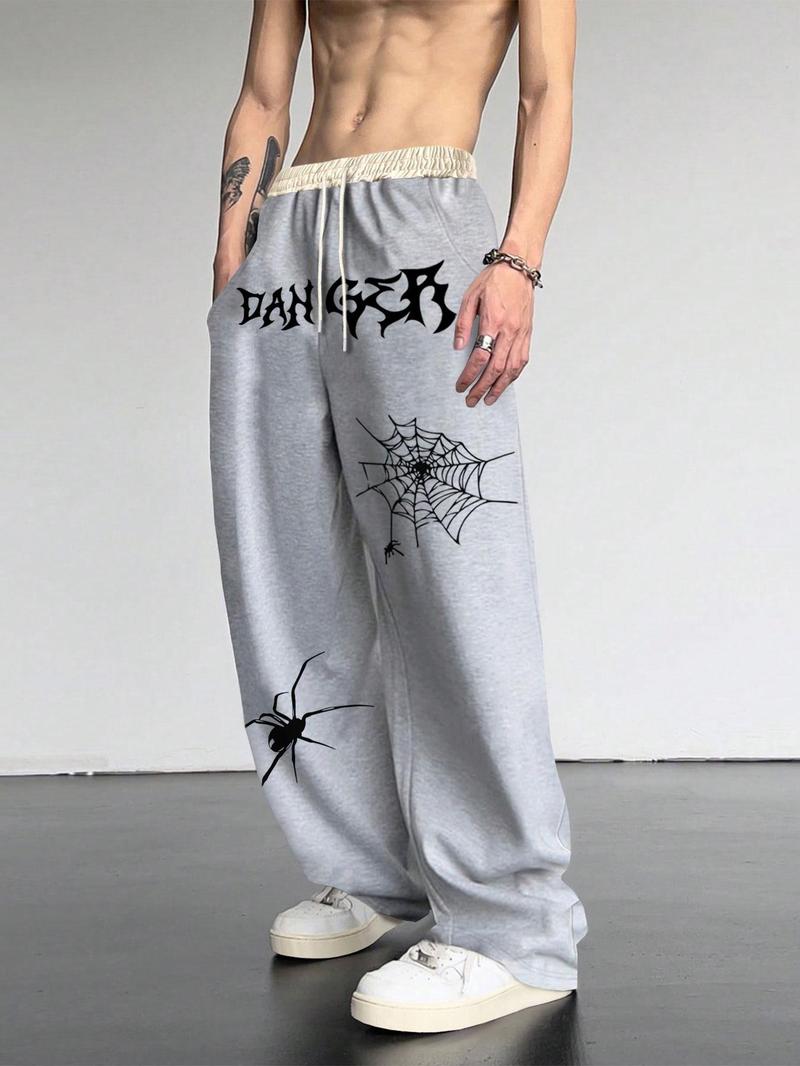 Product Introduction of Men's Patchwork Spider Web Print Drawstring Waist Pants, Casual Street Pocket Straight Leg Trousers for Daily Wear, Fashion Men's Bottoms for All Seasons 16