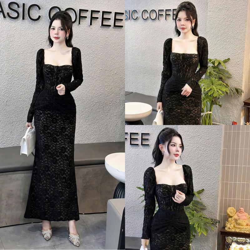 D668 ĐẦM THIẾT KẾ BIGSIZE ĐẦM REN TAY DÀI ÔM BODY NHÚN EO (TÁO ĐỎ BIGSIZE 55-90KG)