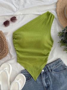 Top de un hombro fruncido de color sólido para mujer, top sin mangas casual para uso diario, ropa de verano para damas