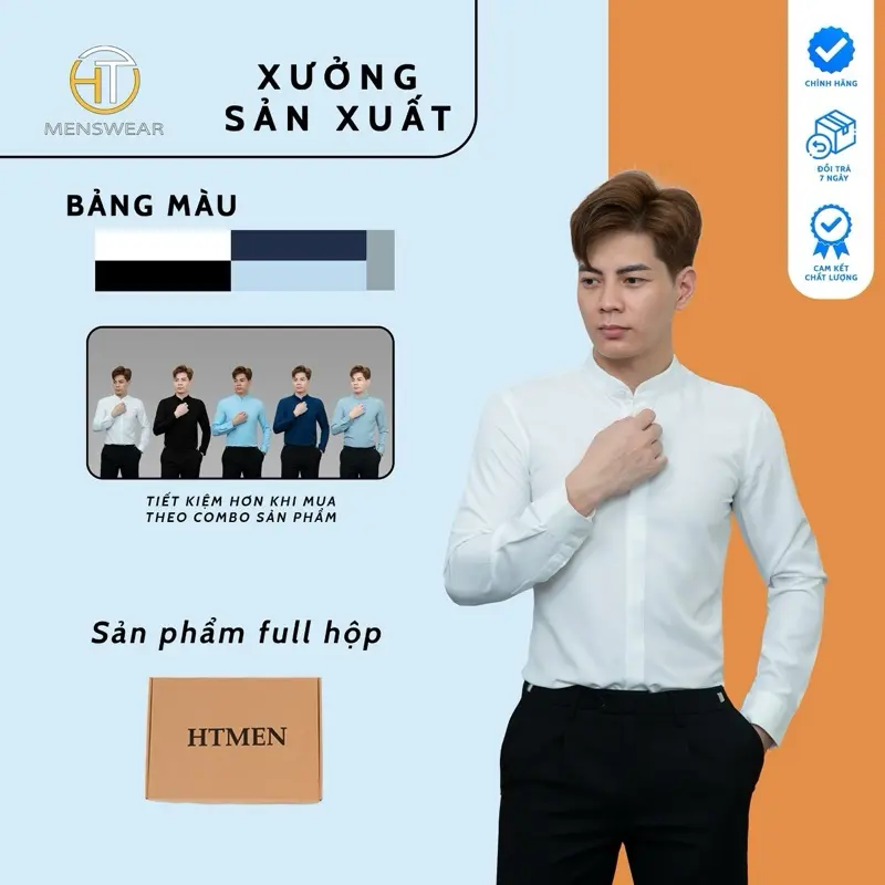 Áo sơ mi lụa nam HTmen Menswear Shirt Trắng cổ tàu dài tay trơn nẹp cúc ĐÓNG HỘP