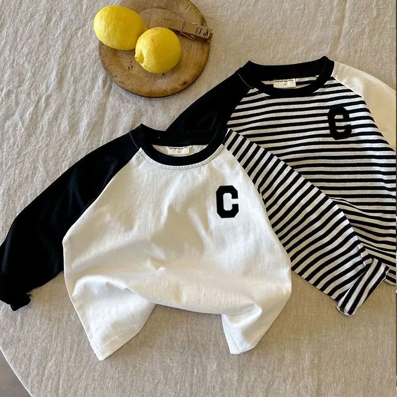 Áo Thun Cotton Dài Tay, Cho Bé Trai, Phối Màu, Thích Hợp Cho Mùa Xuân Và Mùa Thu, Áo Lớp Nền Hàng Mới Về, Phong Cách Phương Tây, Áo Raglan Dễ Phối Đồ Cho Trẻ Em Bé Trai