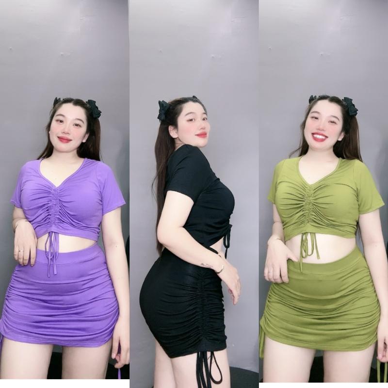 Bộ đi biển bigsizeconho chất thun cotong rút dây giữa  váy có  quần bên trong cho chuppy  dáng áo croptop SET28