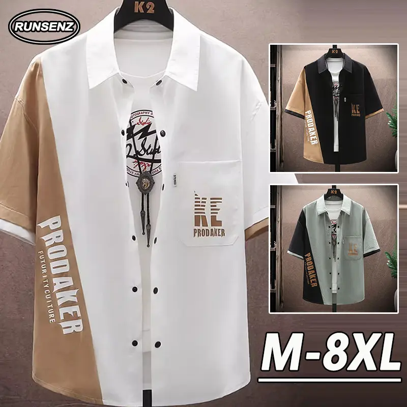 M-8XL Korean Trendy Color Block Shirt Men Plus Size Short Sleeve Shirt Loose Casual Oversize Top