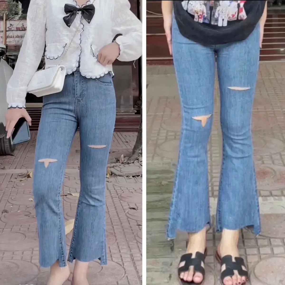 Quần Jeans Nữ Ống Loe BigSize Màu Xanh Nhạt-Xanh Đậm Rách SoLe Đùi, Lai U, Co Giãn Mạnh, Lưng Siêu Cao Women Voi Pants