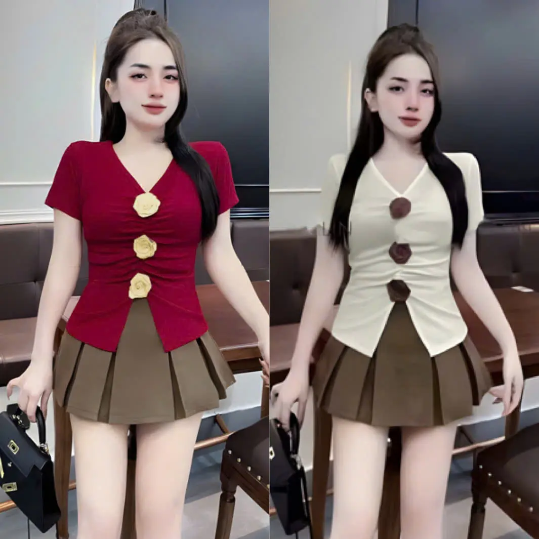 Áo Thun Gân Tăm Tay Ngắn Phối Hoa Cài Bigsize 40-90kg