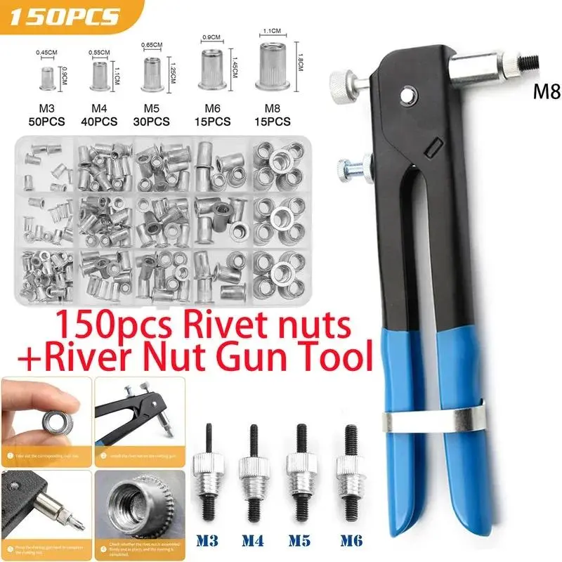 150PCS Rivet Nuts Kit M3/M4/M5/M6/M8 +1PCS Rivet Nut Gun+5PCS Nut Rivet Mandrels Repairtool Rivetgun Flatheadscrew