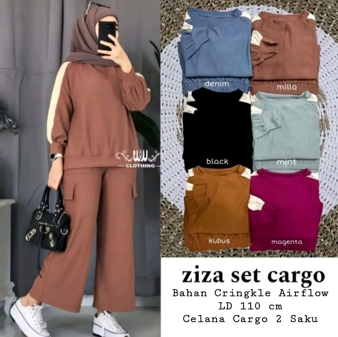 Ziza Cargo Oneset Daily Bahan Cringkle Airflow/Setelan Cringkle Wanita Muslim Lengan Panjang Kombinasi Crinkle Baju Celana Fit Gamis
