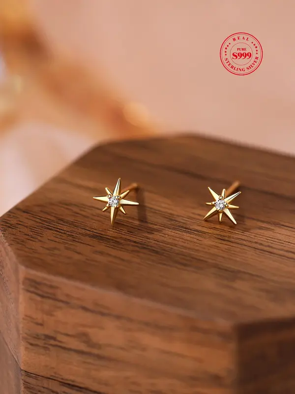 999 Sterling Silver Mini Star Earrings, Casual Rhinestone Stud Earrings for Women, Trendy & Exquisite Jewelry for Party, Daily Clothing Decor, Perfect for Gift 3