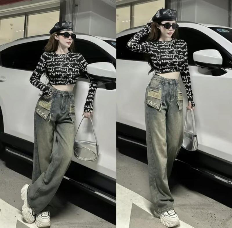Quần Bò Jeans Nữ Ống Rộng Phối Túi Thêu Chữ KAKA, Quần Bò Denim Ống Rộng Suông Cạp Cao Hách Dáng Ong Women Pants Lưng Cao
