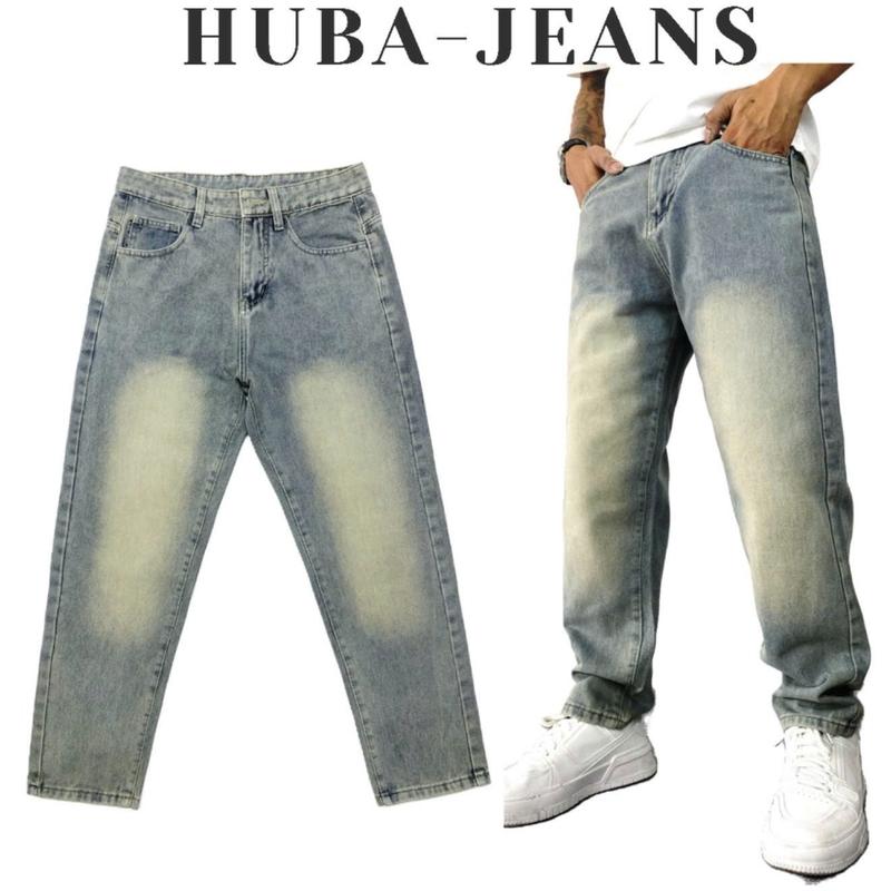 Quần jean dáng form suông rộng quần bò baggy trơn ống rộng nam dễ phối đồ, chất jean đẹp xanh ánh vàng Retro HUBA JEANS Pants Menswear Ong Có Túi Cotton Loang Denim grind  wash jean han quoc 0