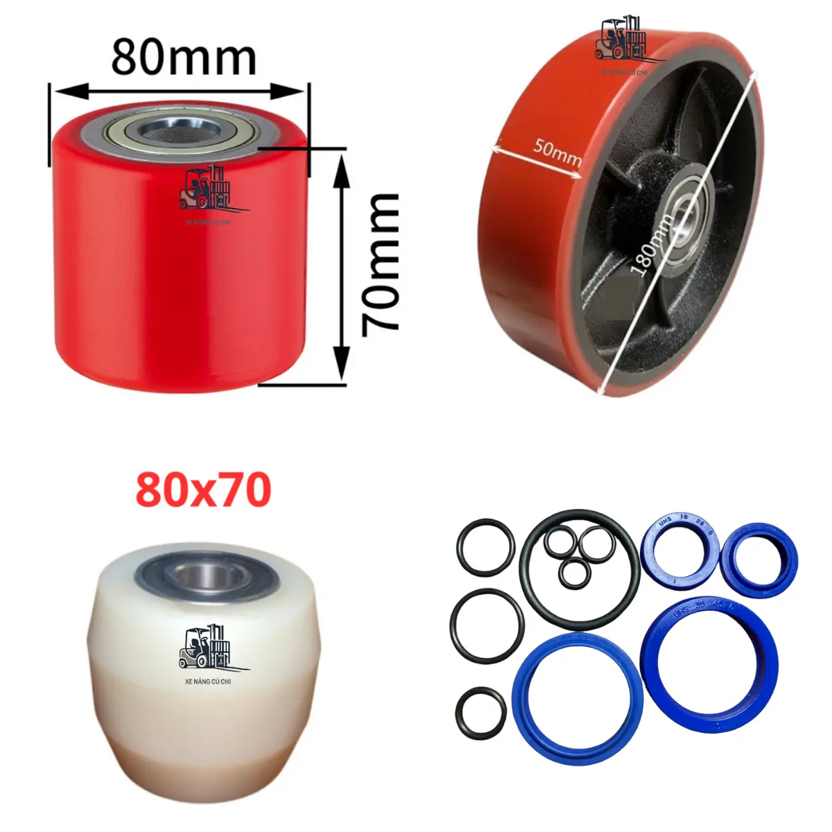 Bánh xe nâng tay thấp PU 80x70, bánh xe chịu lực cao, bánh xe PU chống mài mòn, phụ tùng xe nâng tay thấp 2500kg, 3000kg