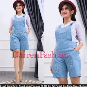 Overall jeans sobek jumpsuit wanita lembut Pendek