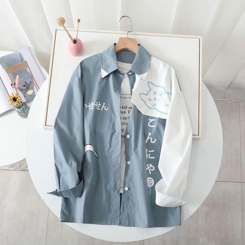 Product Introduction of Áo Sơ Mi Dài Tay Dáng Rộng Phong Cách Preppy, Dành Cho Giới Trẻ, Dành Cho Bé Trai, Xu Hướng Mùa Xuân Và Mùa Thu, Áo Sơ Mi Mèo Hoạt Hình, Thích Hợp Cho Các Cặp Đôi 5