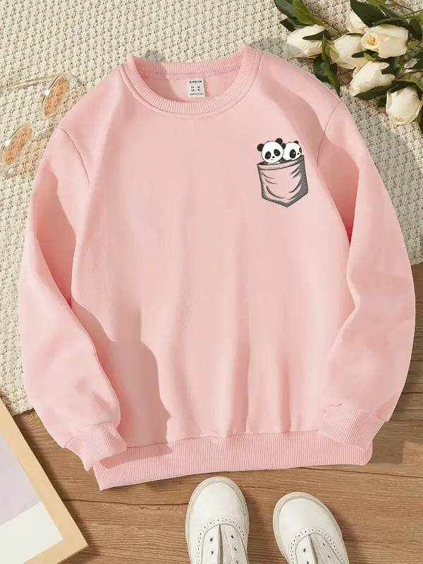 NEOCLOTH Sweater PANDA Wanita Crewneck Oblonng Remaja Dewasa Cewe flecce Murah Santai Hitam Coksu Mint Denim Fleece Panjang 5