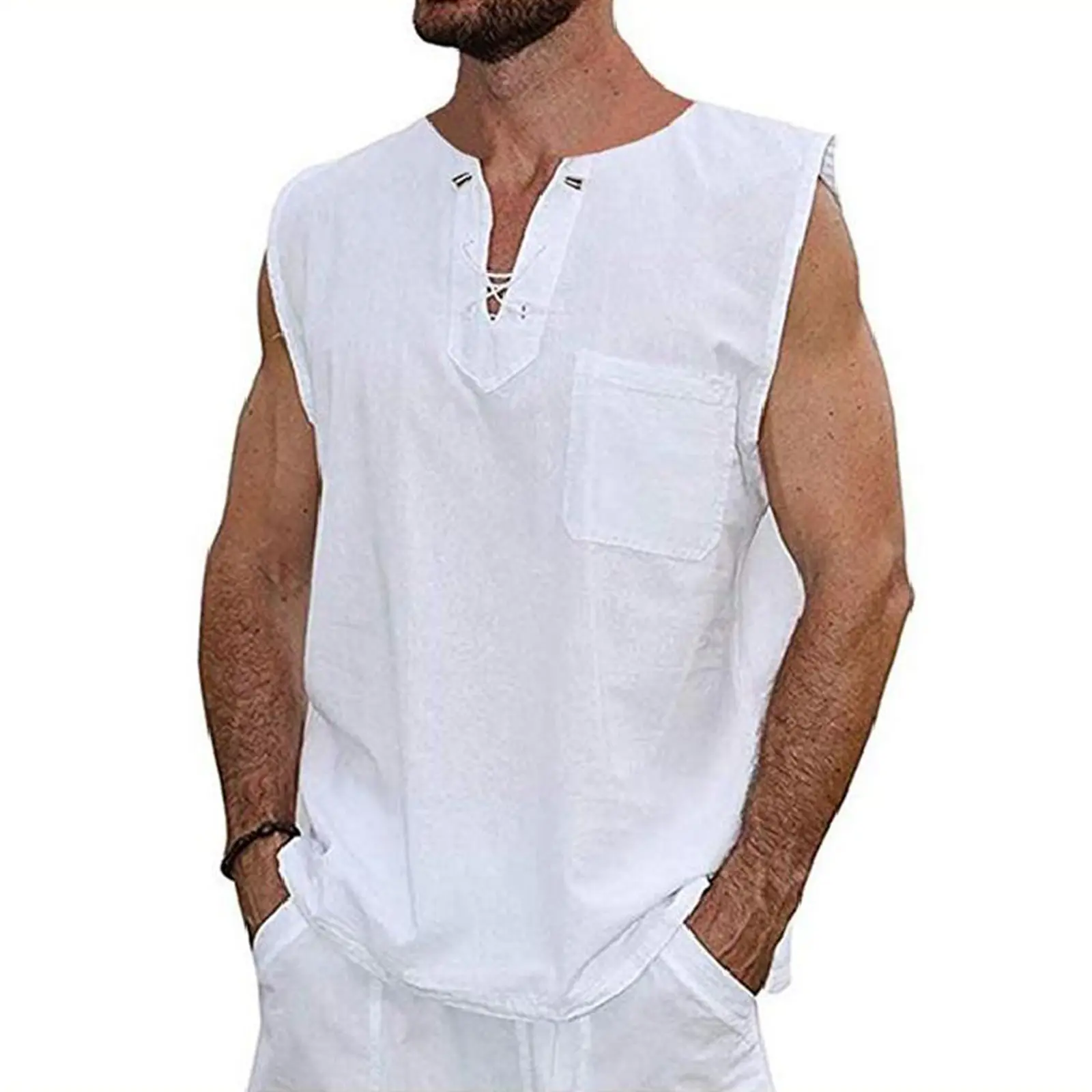 Men Muscle Fitness Sports Vest Solid Color Tie-Up Pocket Sleeveless Tank Tops Quick-Drying Breathable Basketball Shirts