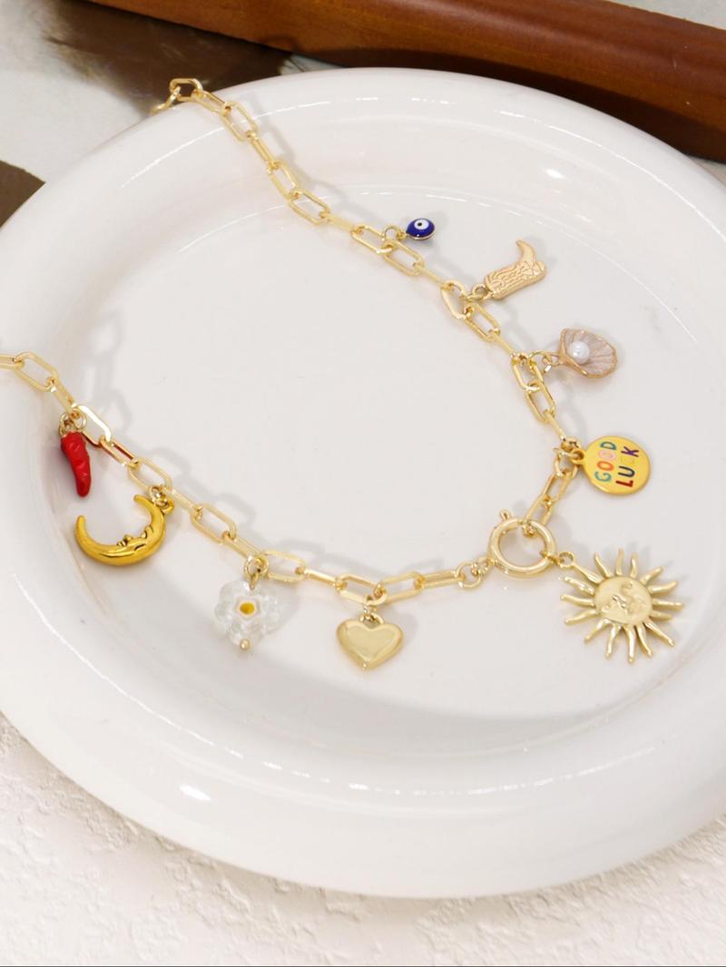 Product Introduction of Faux Pearl Decorated Pendant Necklace, Sun & Shell & Pepper & Heart Design Necklace for Women for Gift, Elegant All-match Fashion Accessories for Daily Wear 13